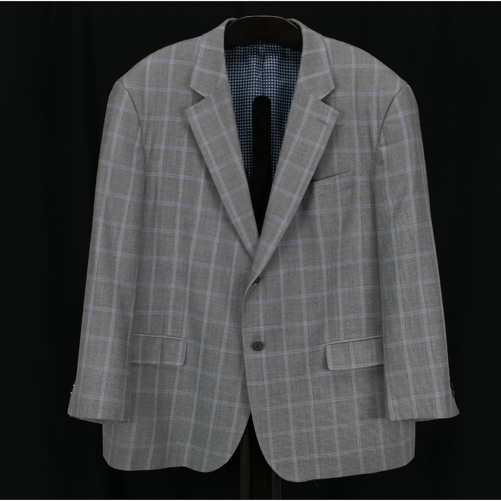Oak Hill Sport Coat‎ Silk Wool Windowpane Blazer Mens 2XL 52R Grey Blue Check